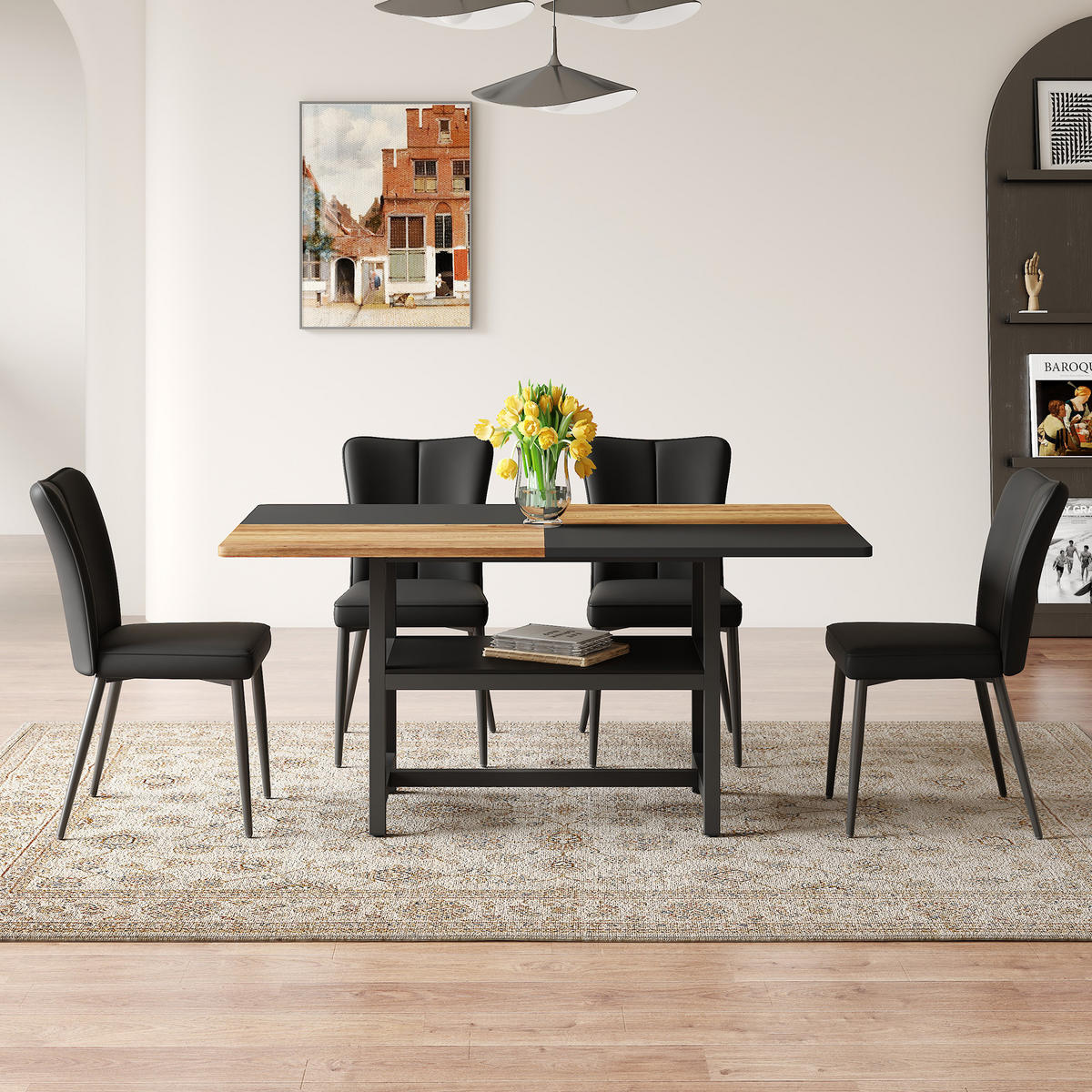 ESSGRUPPE DE-39364 5-teilig, mit 4 PU-Sesseln Schwarz - Schwarz, Holzwerkstoff (160/76/90cm) - ComfortXL