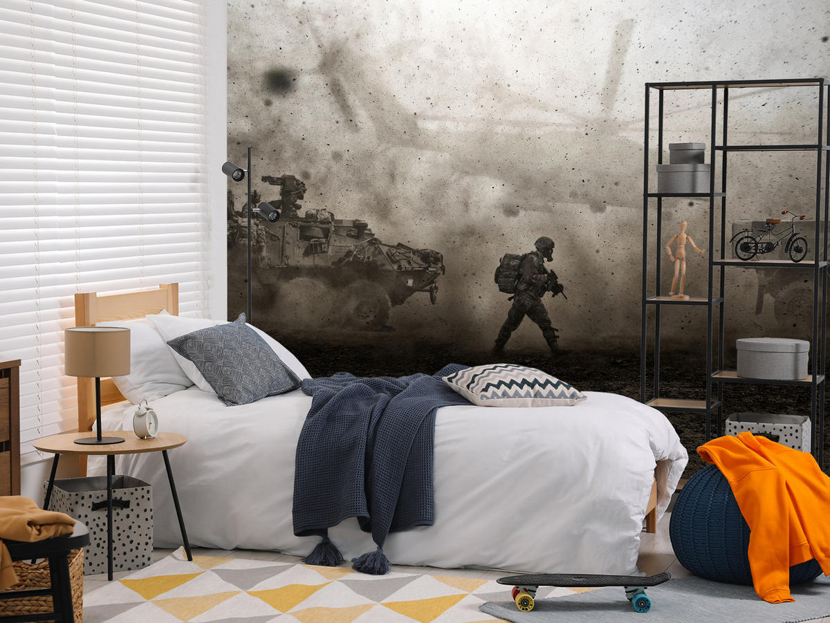 FOTOTAPETE für Jugendzimmer Wüste Militär Hubschrauber Panzer 200x140 - Beige/Schwarz, Papier (200/140cm) - Muralo