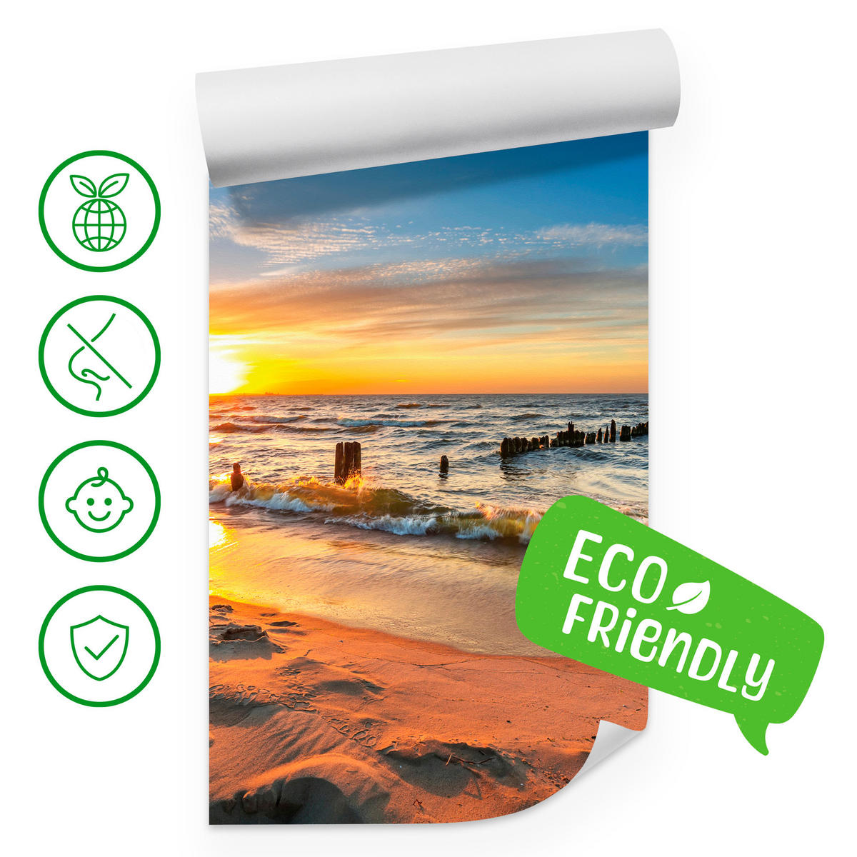 FOTOTAPETE Sonnenuntergang Strand Meer Landschaft 3D 500x350 cm - Blau/Gelb, Papier (500/350cm) - Muralo