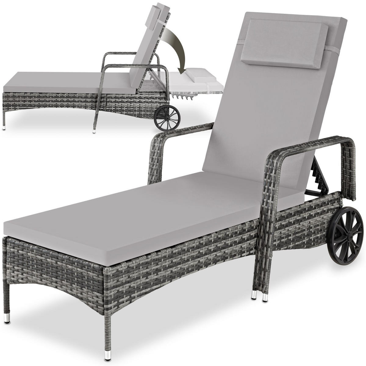 RATTAN-SONNENLIEGE, 200 x 70 x 33 cm, grau/hellgrau - Grau, Kunststoff (70/33/200cm) - tectake