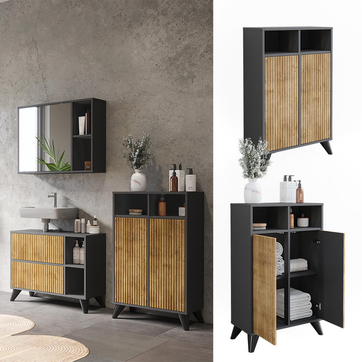MIDISCHRANK Leano Anthrazit/Bergeiche 60 x 97 cm mit 2 Türen - Anthrazit, Holzwerkstoff (60/97/30cm) - Vicco