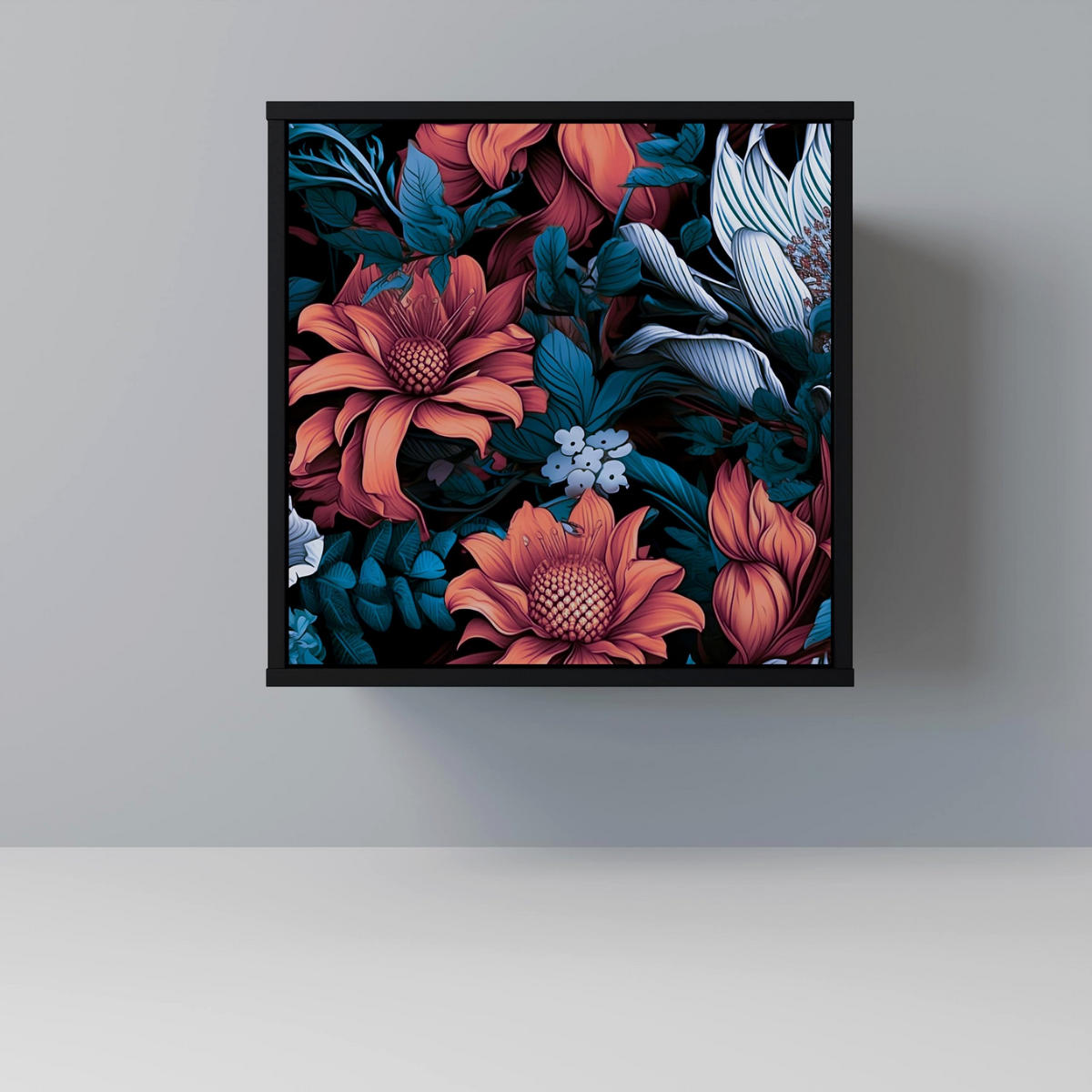 SIDEBOARD ETHEREAL BLOSSOMS, Schwarz, 57,5x42x72,5 cm, Schwarze Metallfüße - Multicolor/Schwarz, Holzwerkstoff/Metall (57.5/72.5/42cm) - SpaceRebels