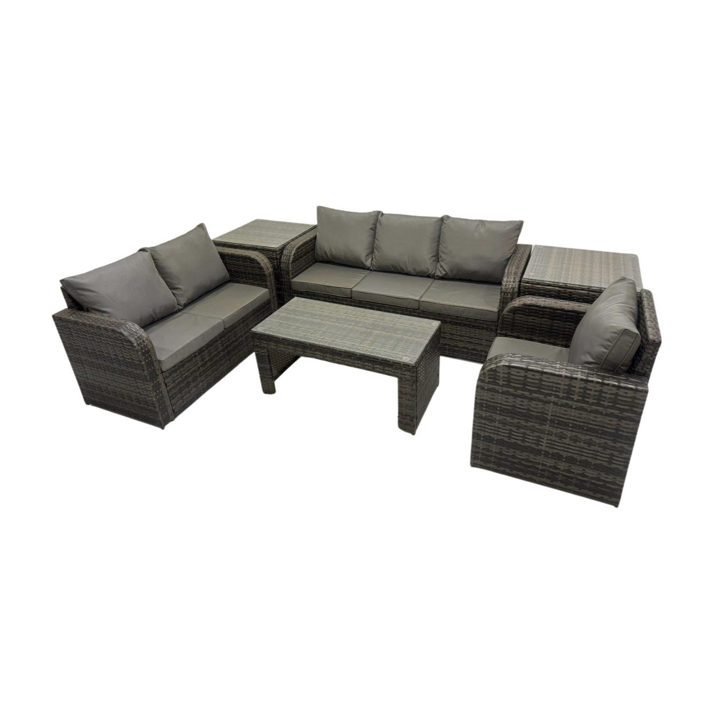 GARTENSOFA SET mit rechteckigem COUCHTISCH Polyrattan 6-Sitzer Dunkelgrau - Dunkelgrau/Grau, Glas/Kunststoff - Fimous