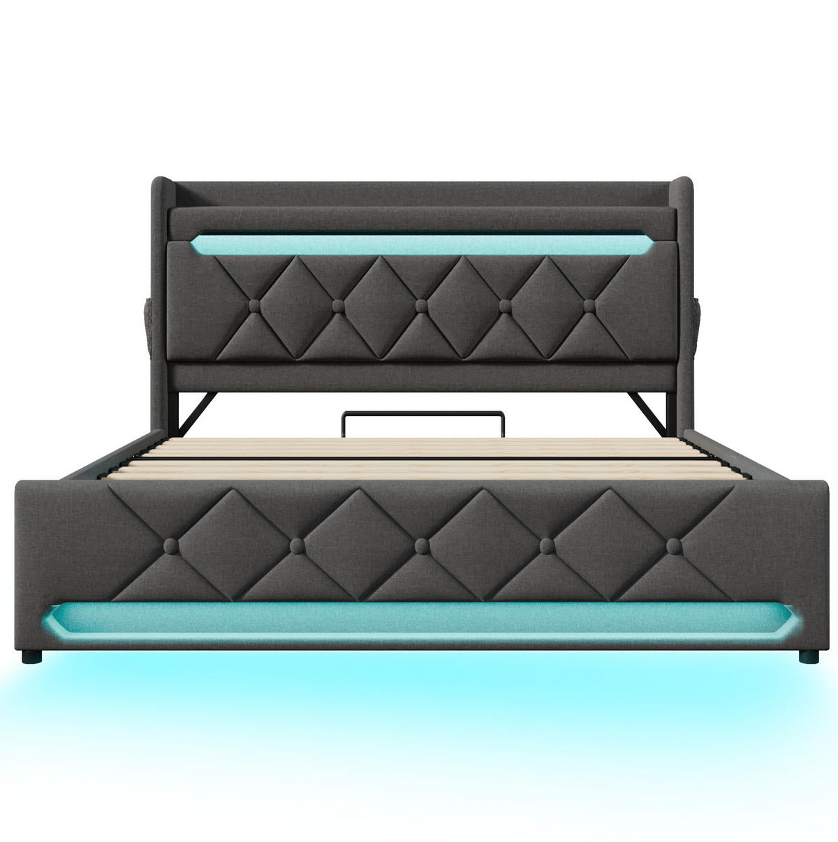 ČALOUNĚNÁ postel z lnu, 140/190 cm šedá, s úložným prostorem, LED osvětlením a USB nabíjením - šedá, textil (140/190cm) - BEAOK