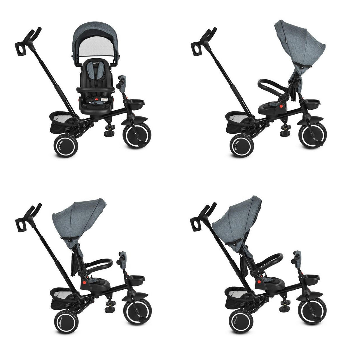 DREIRAD Cruz grau EVA-Reifen, klappbar, Körbe, 360° drehbarer Sitz, Getränkehalter - Grau, Metall (100/54/104cm)