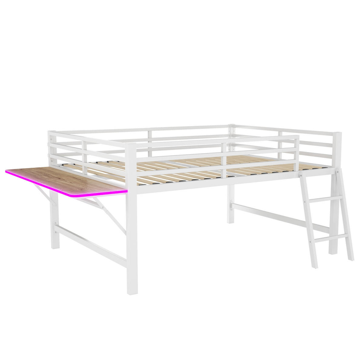 HOCHBETT 140/200 cm aus Metall mit Schreibtisch und LED-Beleuchtung in Weiß - Weiß, Metall (140/200cm) - Flora Grace