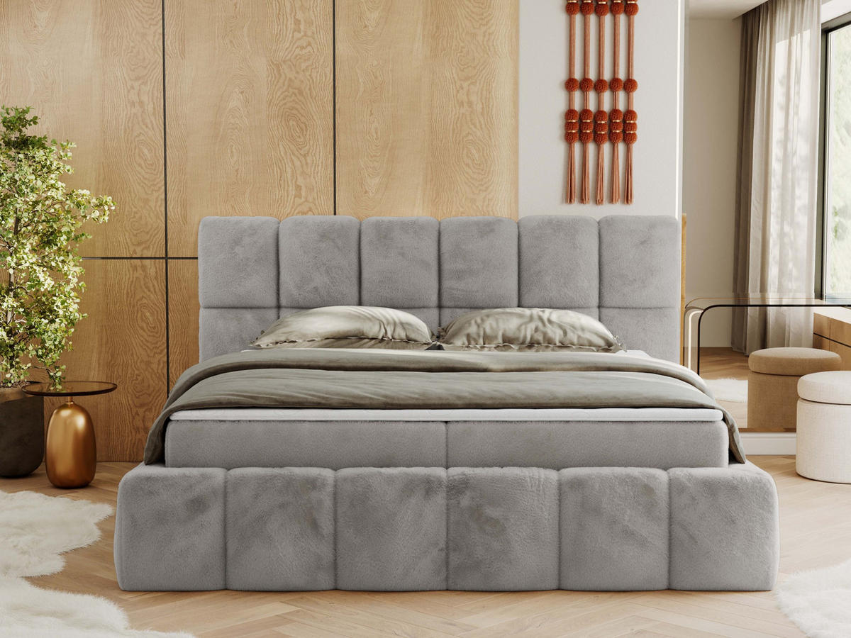 BOXBETT NIRA 200/200 - Hellgrau Plüsch - H4 - Hellgrau, Holz/Textil (200/200cm) - MKS