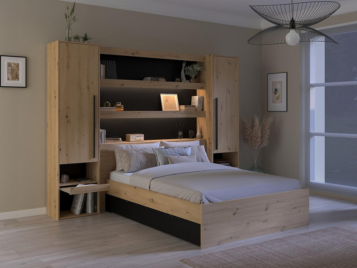 BETTBRÜCKE - 2 Personen - Holz, Platte - Schwarz, Naturfarben Hell - - Schwarz/Naturfarben, Holz (160/190cm) - Vente-Unique
