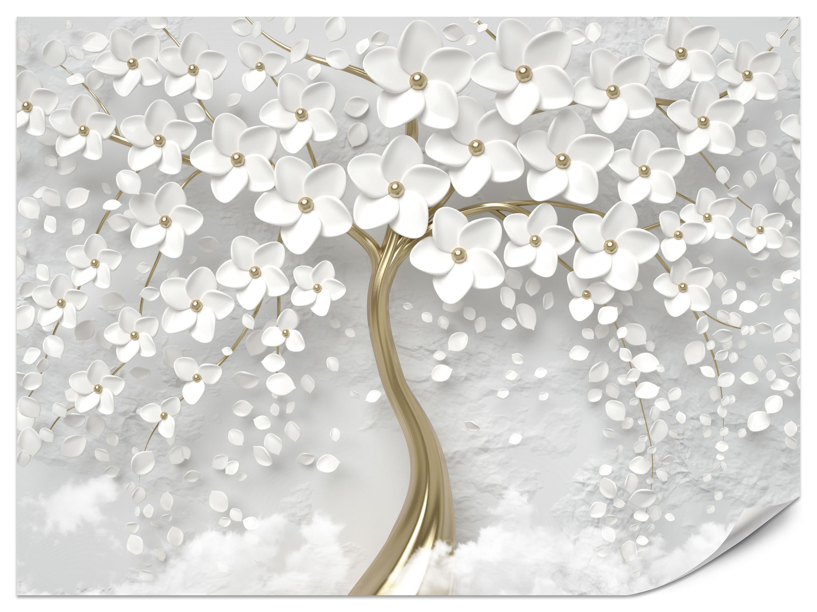 FOTOTAPETE für Schlafzimmer Perlmutt Blumen Abstract Baum 200x140 - Gelb/Goldfarben, Papier (200/140cm) - Muralo