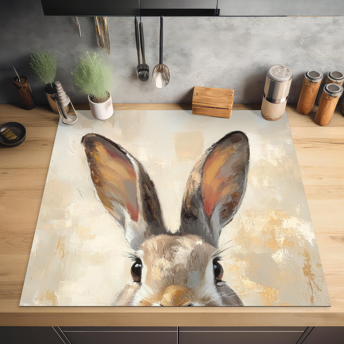 HERDABDECKPLATTE Hase - Ohren - Braun Induktionsmatte 78x78 cm - Beige, Kunststoff (78/78/0.2cm) - MuchoWow