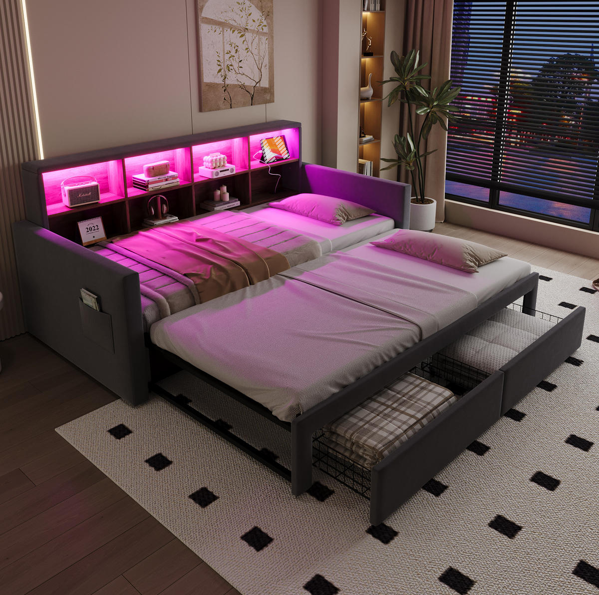 SAMT-POLSTERBETT 90/190 cm mit LED-Beleuchtung, Ausziehfunktion und Stauraum - Dunkelgrau, Textil (90/190cm) - BEAOK