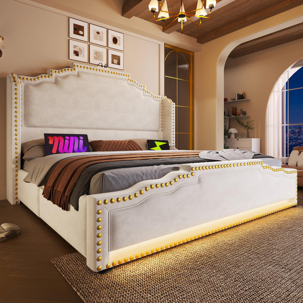 POLSTERBETT 140/200 cm Beige mit LED-Beleuchtung und USB-C-Anschluss - Beige, Textil (140/200cm) - OKWISH