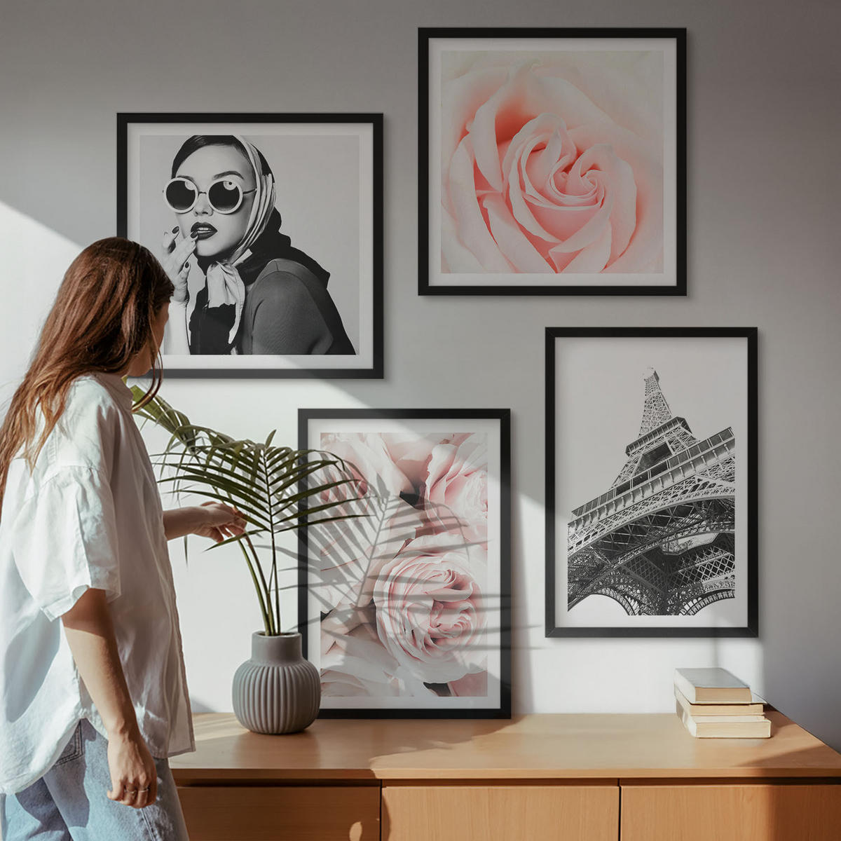 WANDBILDER 4er-Set - 50x50 cm & 40x60 cm Schwarzer Rahmen - Eiffels Porträt einer Frau mit Rosen - Schwarz, Kunststoff (50/50cm) - ArtPrintCave