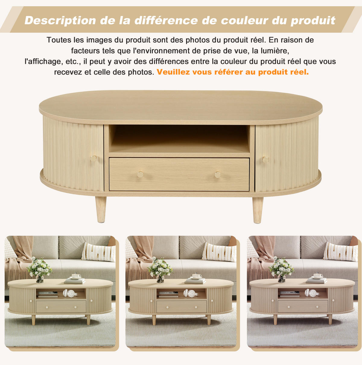 COUCHTISCH aus MDF 100x50x36 cm Eiche mit Schublade, Rolltüren und Ablage - Eichefarben, Holzwerkstoff (100/50/36cm) - IVMEU