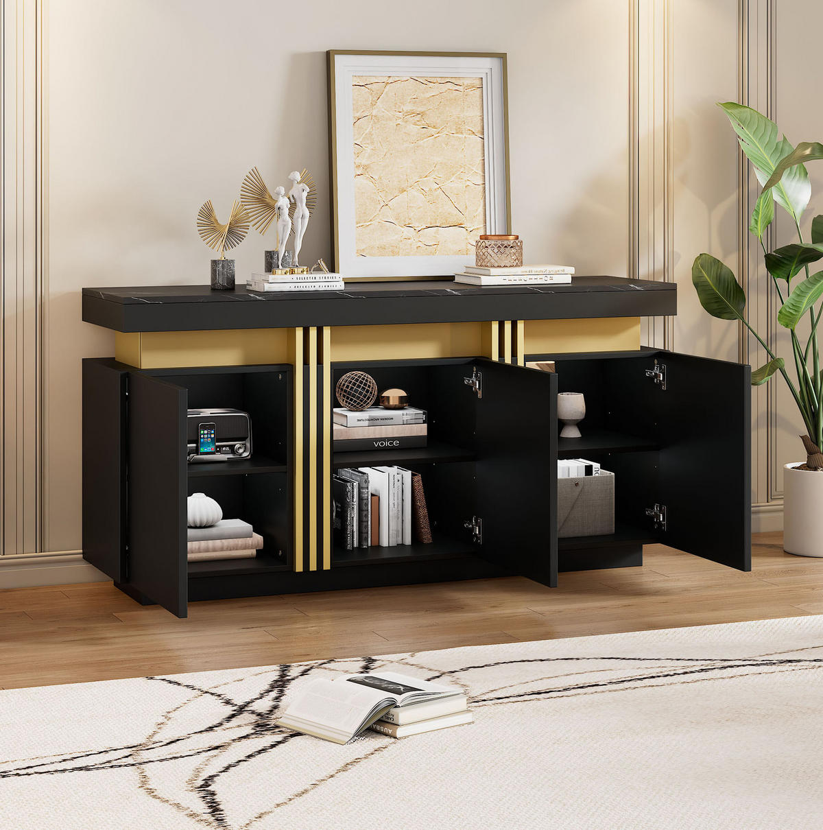 SIDEBOARD 140/38/70 cm in Schwarz mit 3 Türen und verstellbaren Einlegeböden - Schwarz, Holzwerkstoff (140/70/38cm) - Flora Grace