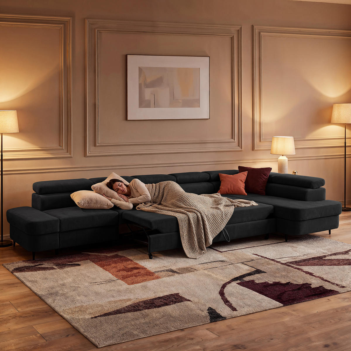 ECKSOFA PRIAM XXL L-Form Rechts mit Schlaffunktion 125x265 Velours Schwarz - Schwarz, Holz/Textil (420/203cm) - Muffo