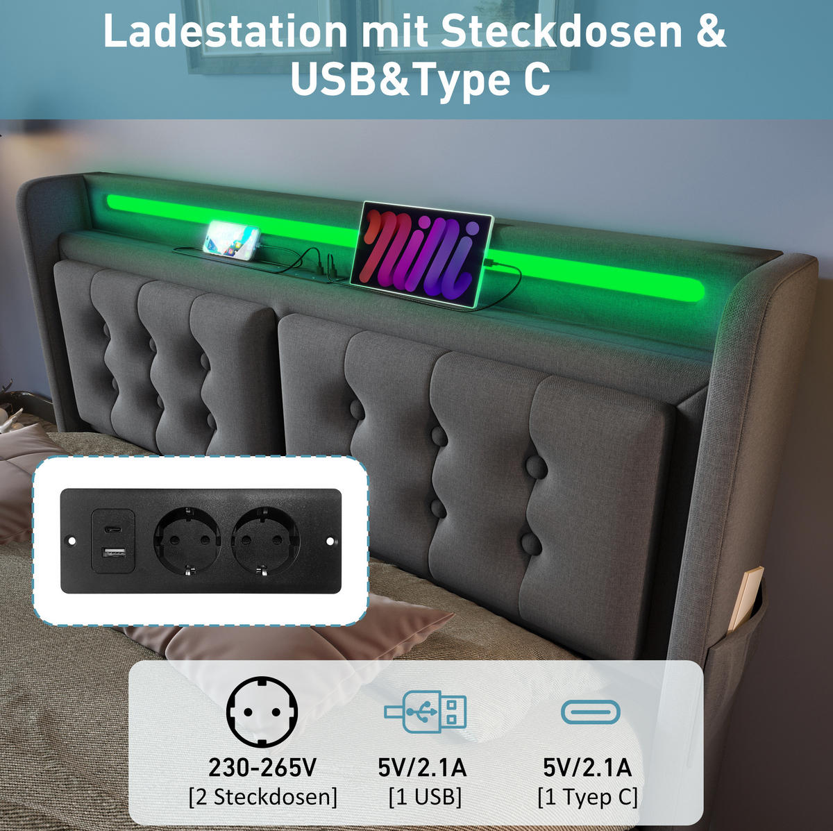 POLSTERBETT 180/200 cm in Grau mit LED, USB- und Type-C-Anschlüssen - Grau, Textil (180/200cm) - Flora Grace