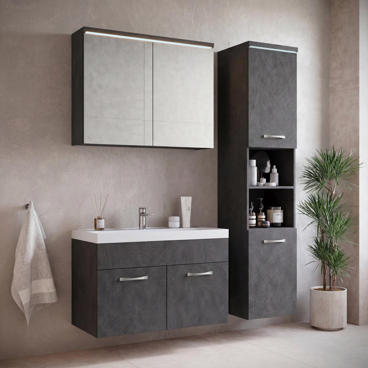 BADMÖBEL-SET Paso 2 Teile Dunkel Grau - 80 x 35 x 55 cm - Grau, Holz (80/55/35cm) - Badplaats