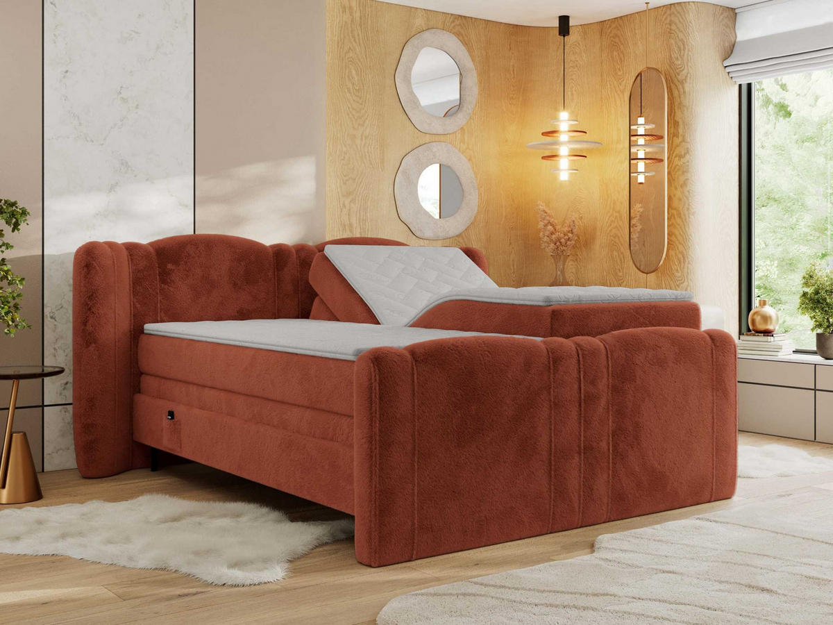 BOXBETT FORTINA 140/200 - Orange Plüsch - H4 - Orange, Holz/Textil (140/200cm) - MKS