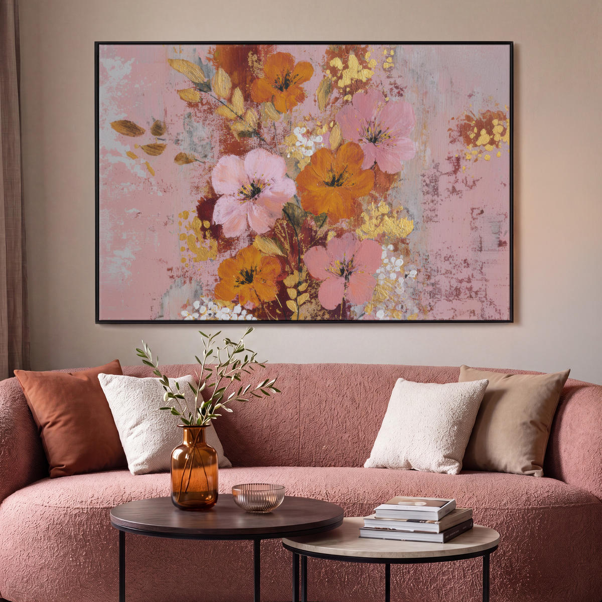 LEINWAND Bilder mit Rahmen - Malerei - Blumen - Rustikal - Rosa - 120x80 - Altrosa, Textil (120/80cm) - MuchoWow