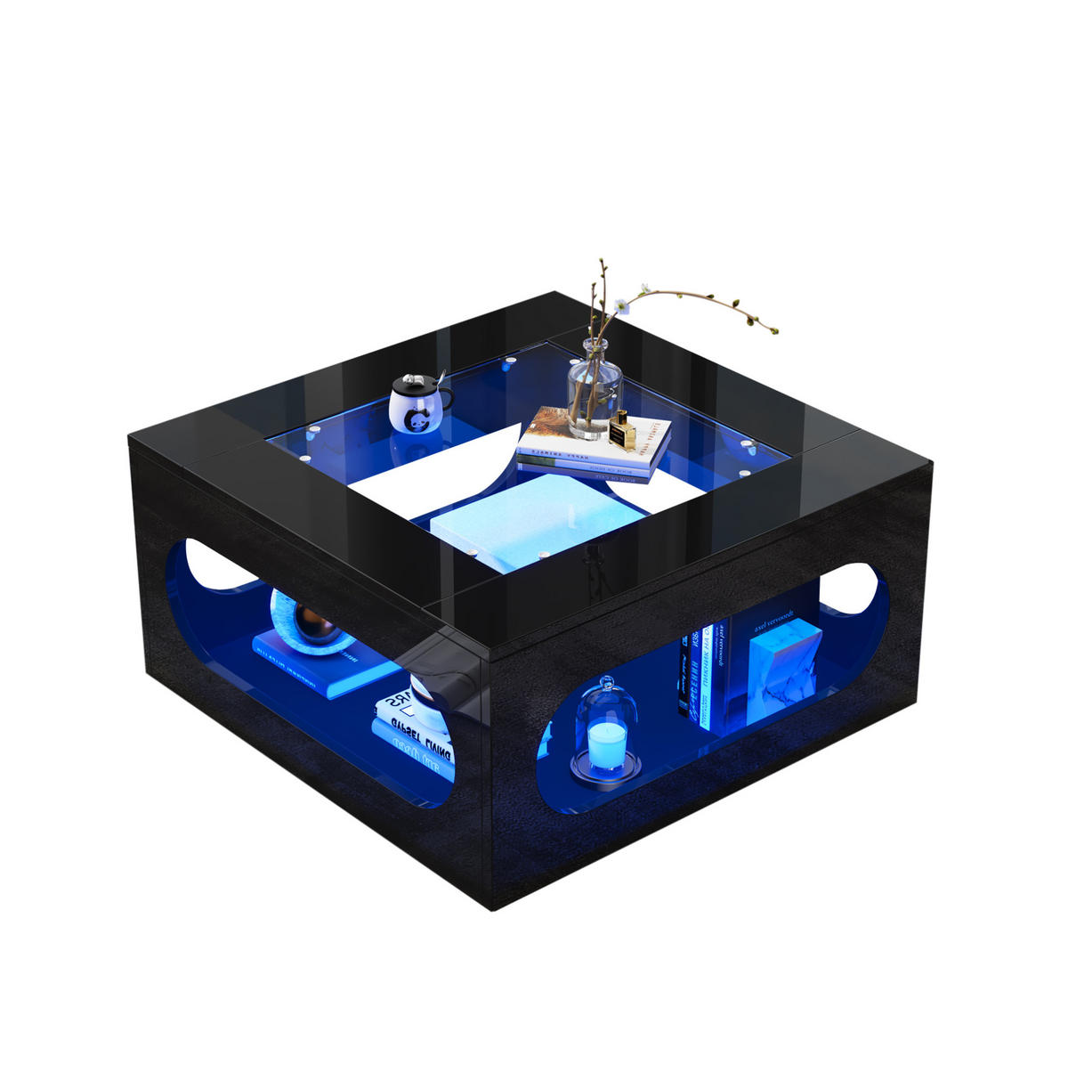 COUCHTISCH 70/70 cm in Schwarz mit LED-Beleuchtung und Glasplatte - Schwarz, Holzwerkstoff (70/70/35cm) - Flora Grace