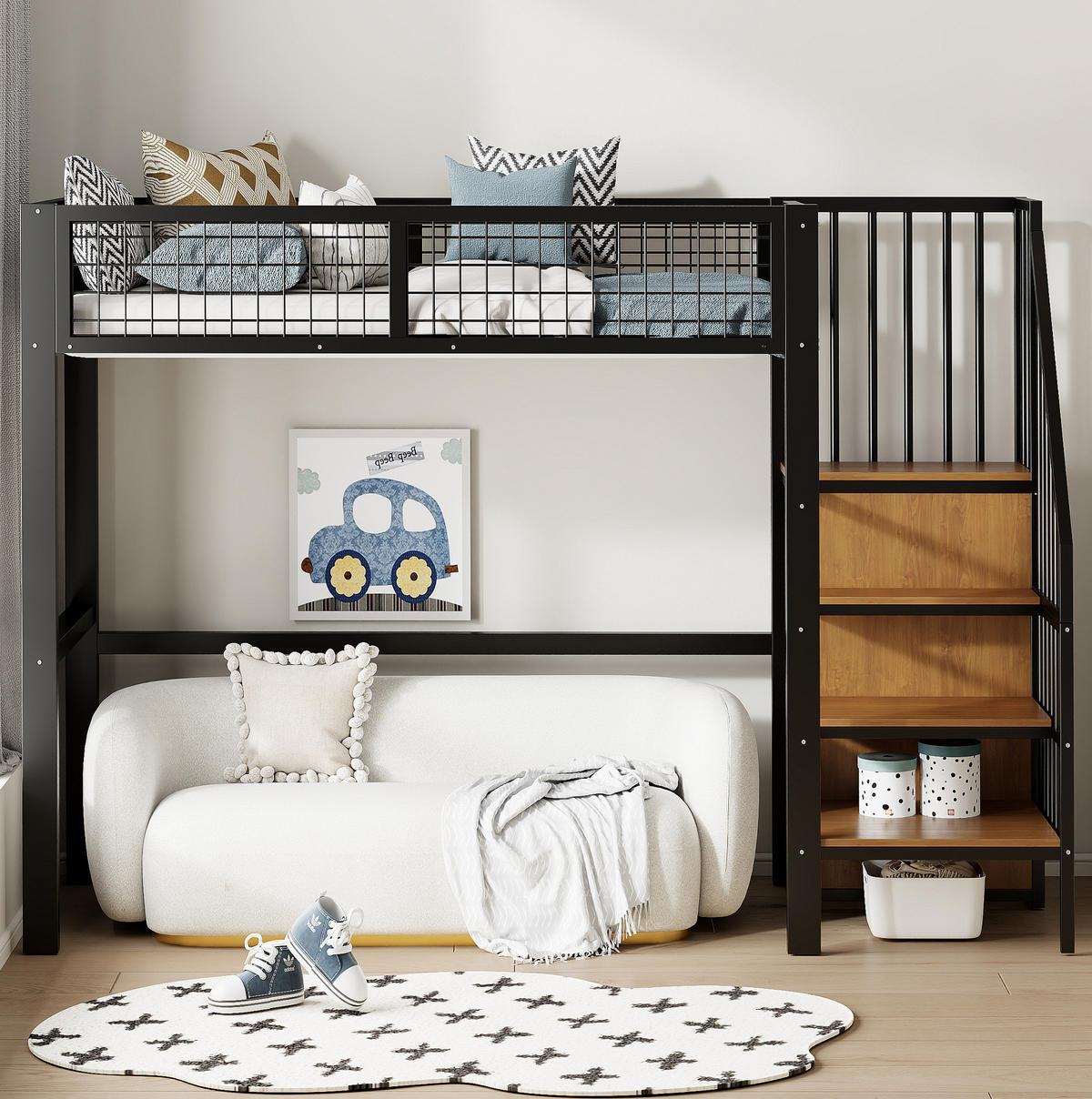 HOCHBETT 90/200 cm aus Metall mit Leiter und Kleiderschrank in Schwarz - Schwarz, Metall (90/200cm) - Flora Grace