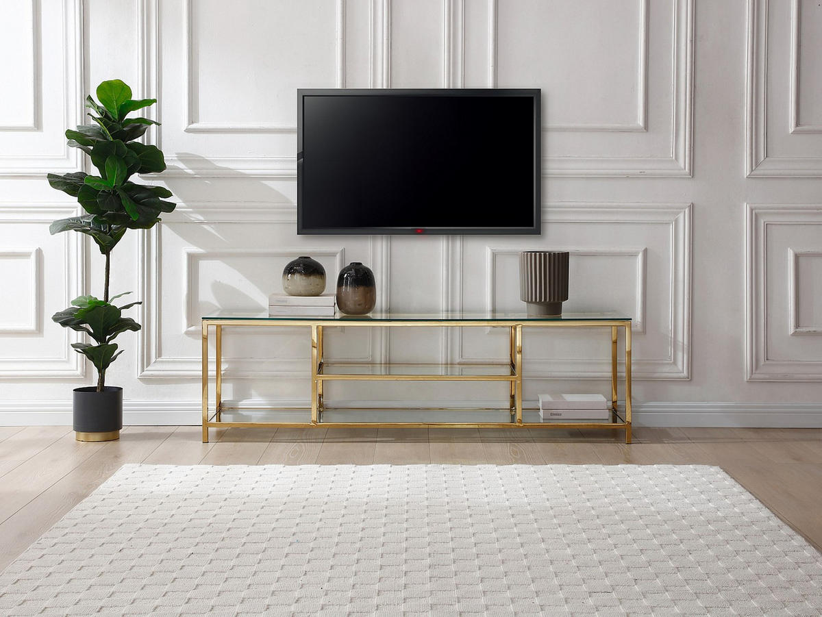 TV-MÖBEL mit 2 Ablagen - Sicherheitsglas & Edelstahl - Transparent & Goldfarben - RIMALI - Transparent, Metall (160/46.5/40cm) - Vente-Unique