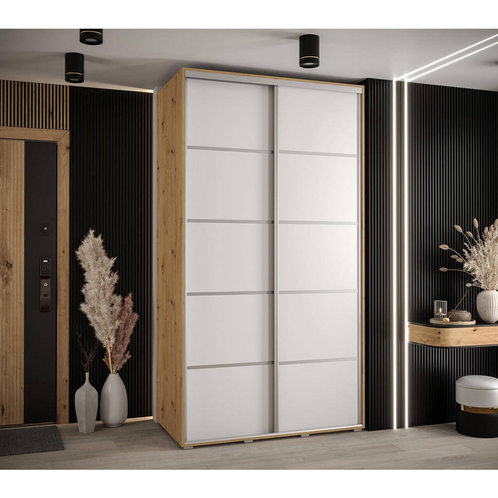 Thumbnail - Abiks Möbel Schwebetürenschrank, Eiche Artisan, Weiß, Silber, Metall, Nachbildung, 6 Fächer, 130x235x45 cm, Schlafzimmer...