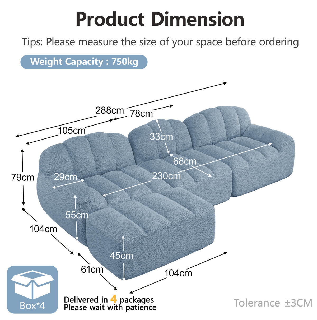 ECKSOFA 288/165/79 cm blau aus granuliertem Fleece modular und rahmenlos - Blau, Textil (165/288cm) - OKWISH