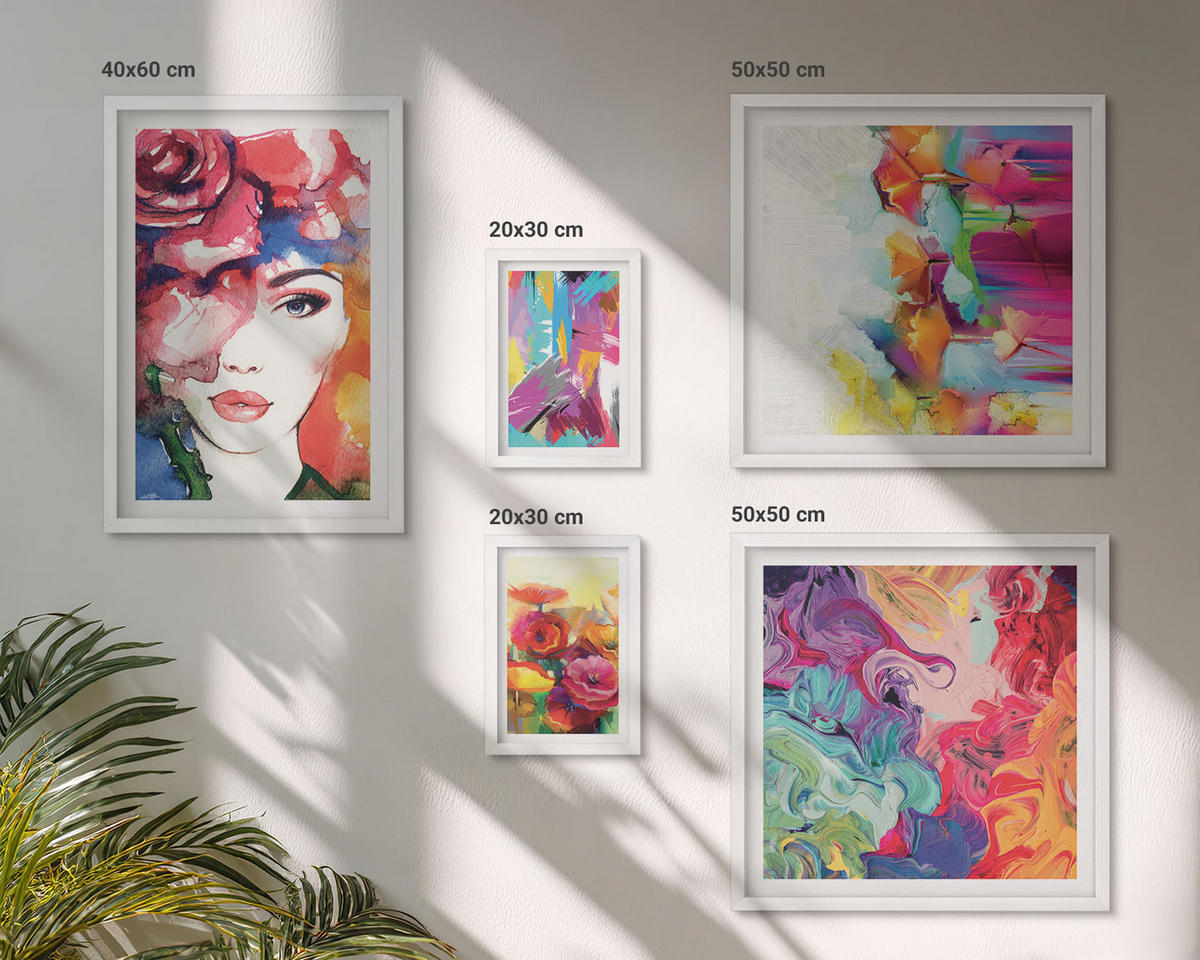 BILDER SET 5er Set - 50x50 cm & 20x30 cm & 40x60 cm Weißer Rahmen - Farbenfrohe Abstraktionen der Form - Weiß, Kunststoff (40/60cm) - TULUP