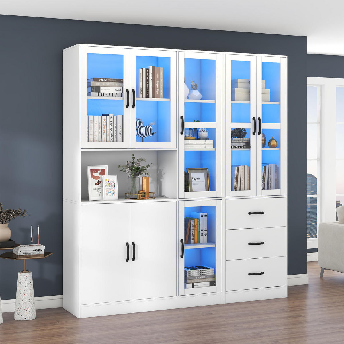 VITRINENSCHRANK 180/40/200 cm weiß aus Spanplatte mit LED und 8 Türen - Weiß, Holzwerkstoff (180/200/40cm) - OKWISH