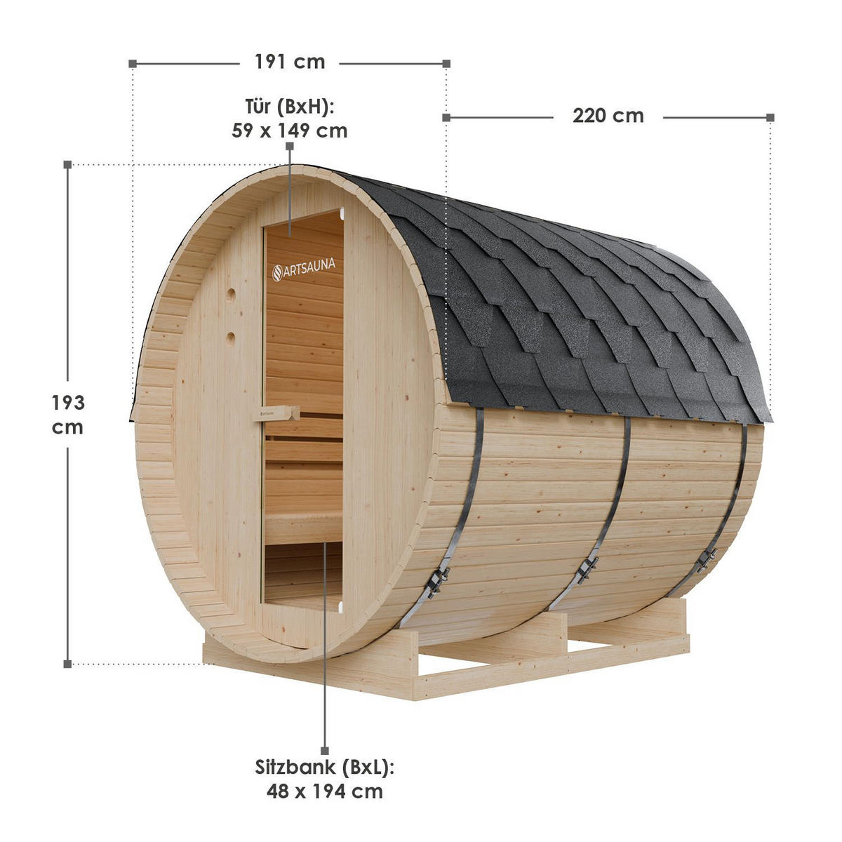FASSSAUNA Spitzbergen 220 cm mit 8 kW Saunaofen (6 Personen) - Naturfarben, Holz (191/193/220cm) - Artsauna