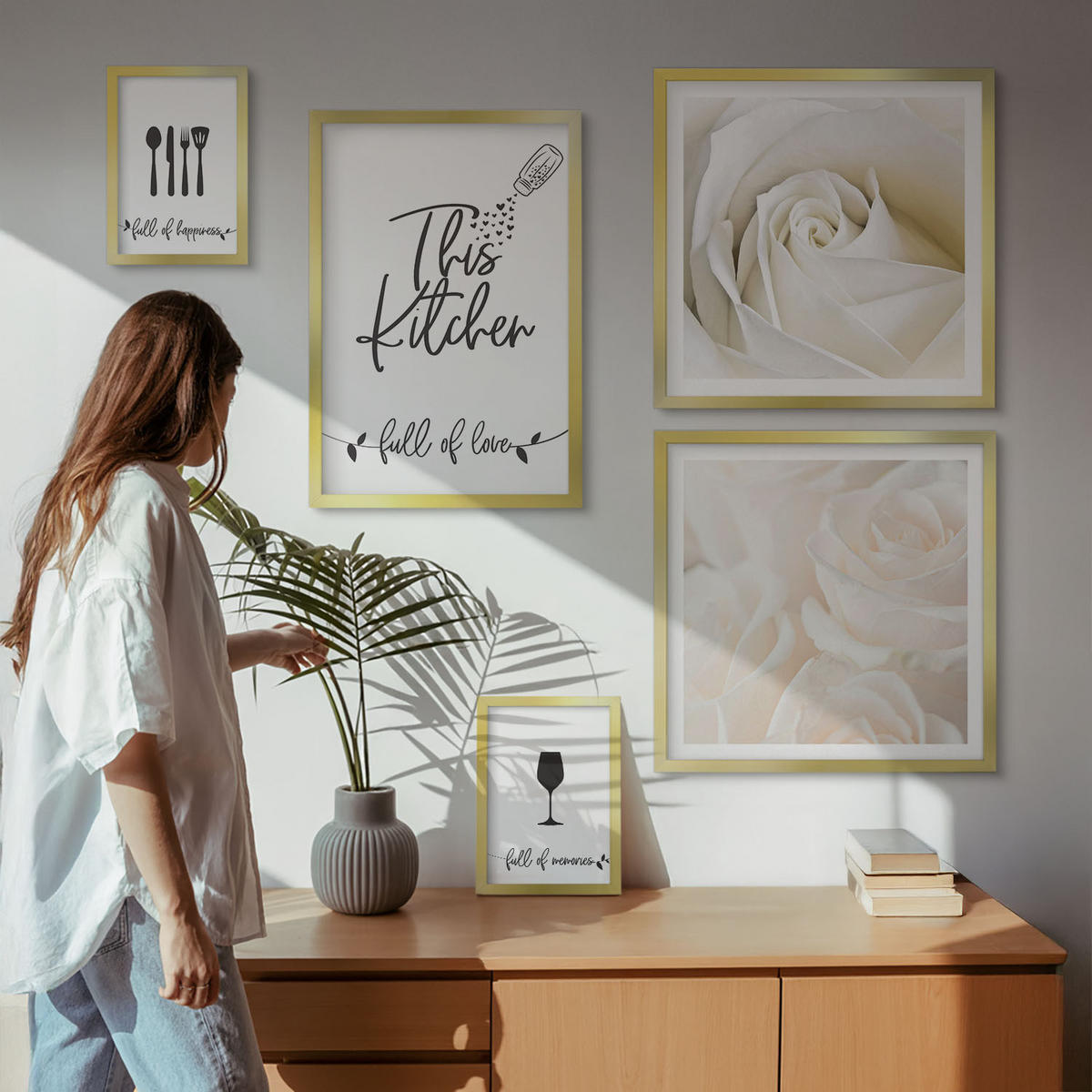 BILDER SET 5er Set - 50x50 cm & 20x30 cm & 40x60 cm Goldrahmen - Geometrische Muster im Bauhaus-Stil - Goldfarben, Kunststoff (40/60cm) - TULUP