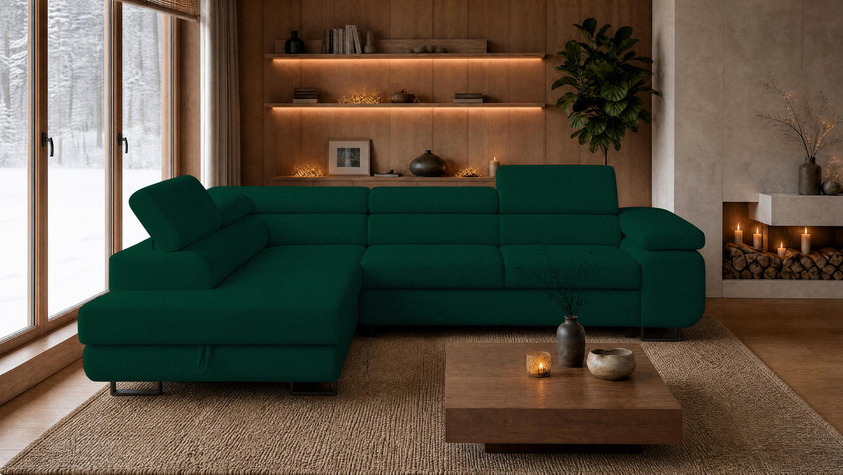 ECKSOFA Velmo mit Bettkasten und Schlaffunktion, verstellbaren Kopfstützen, in L-Form - Dunkelgrün, Textil (275/203cm)
