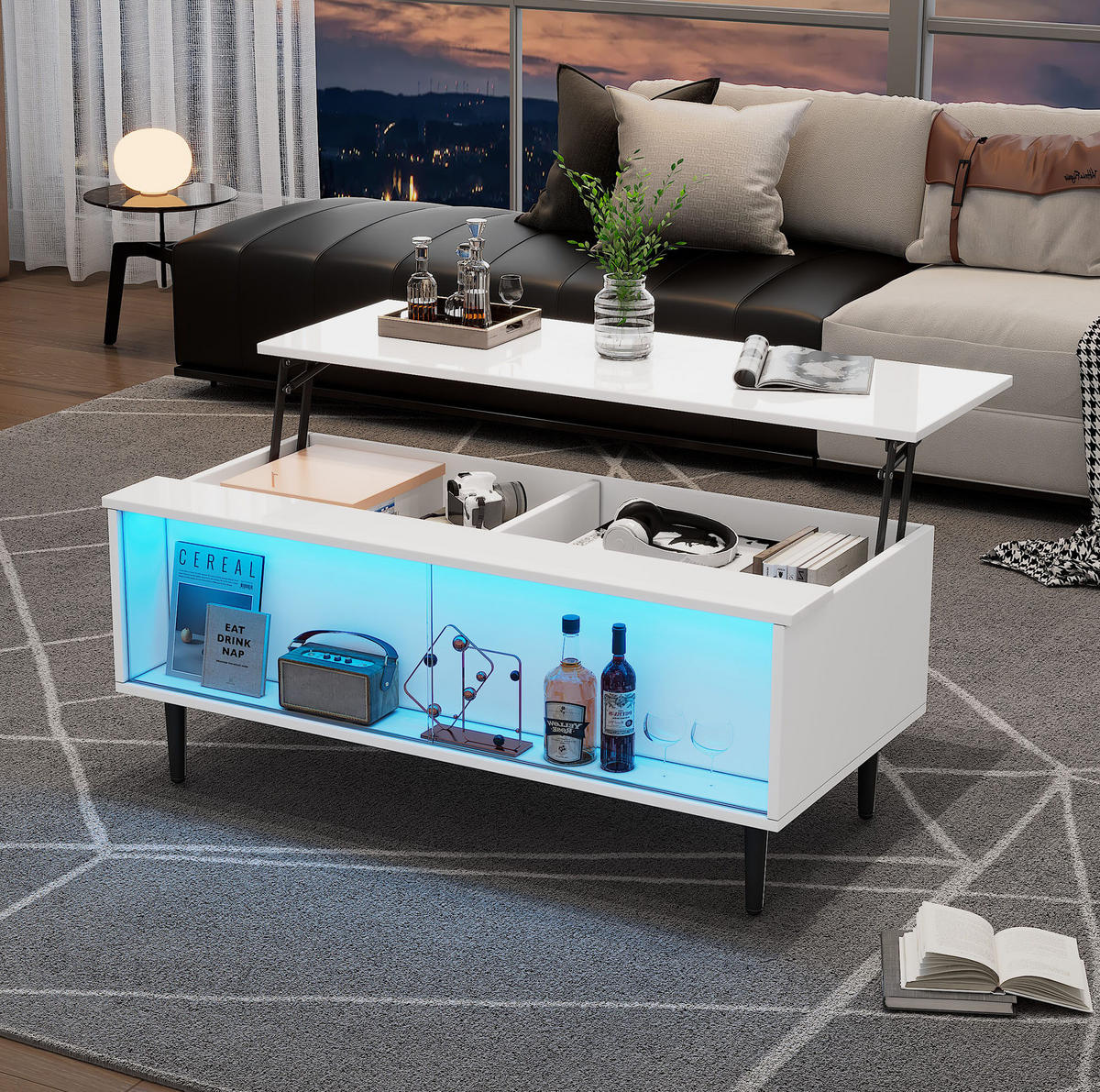 COUCHTISCH höhenverstellbar 105 x 50 x 43 cm Weiß mit LED und Stauraum - Weiß, Holzwerkstoff (105/50/43cm) - Meubliv