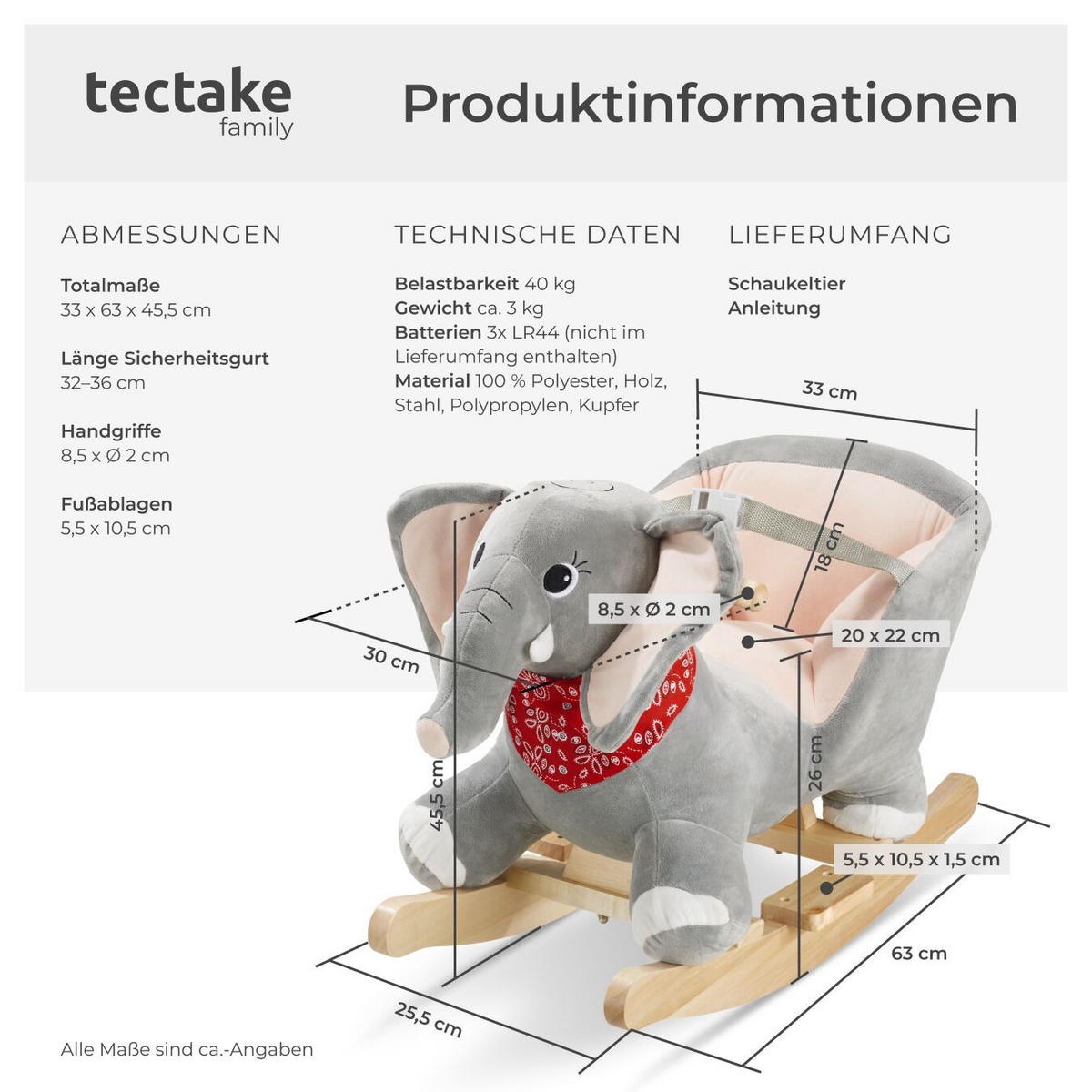 SCHAUKELTIER Elefant ,massive Holzkufen, ab 12 Monaten geeignet,grau - Grau, Kunststoff (33/45.5/63cm) - tectake
