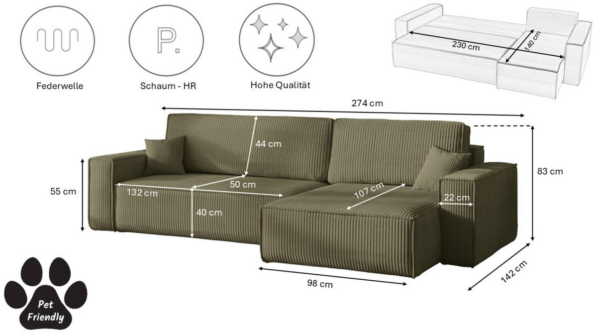 ECKSOFA Mit Schlaffunktion Und Bettkasten, Eckcouch BEST XL Stoff Poso Dicker Cord Olive Rechts - Schwarz/Olivgrün, Holz/Kunststoff (274/142cm) - Kaiser Möbel