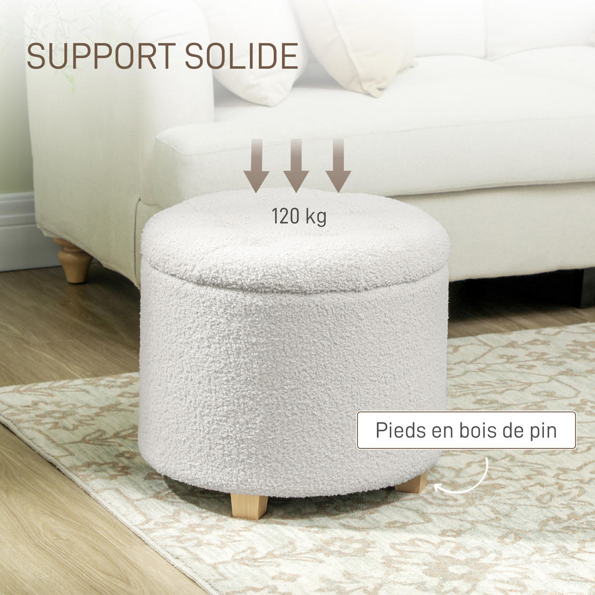 POUF DE-16423 rund mit Stauraum und Bouclé-Bezug Weiß - Weiß, Textil (45/41/45cm) - ComfortXL