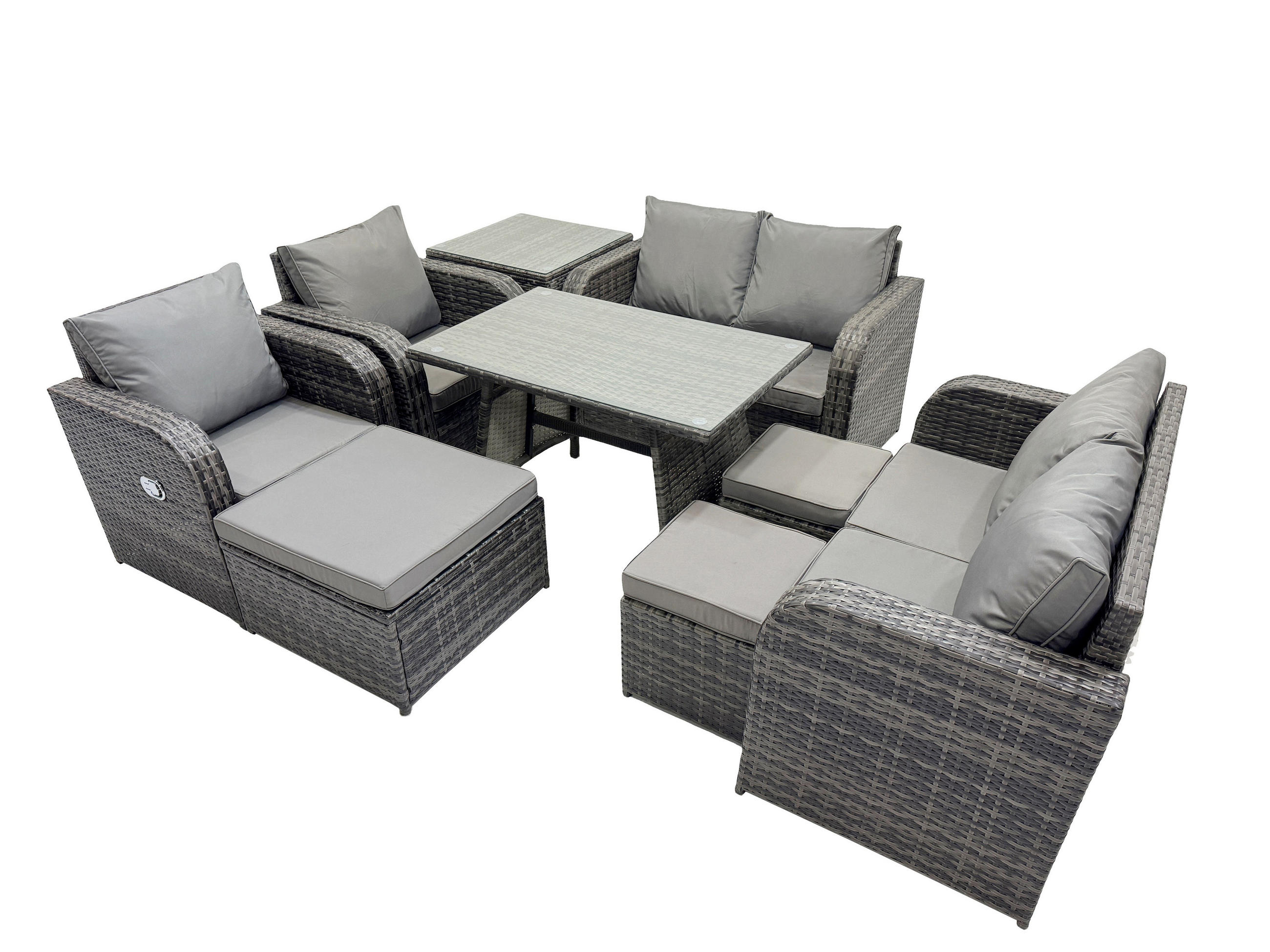 BALKONSET mit ESSTISCH SOFA Polyrattan Dunkelgrau 9-Sitzer - Dunkelgrau/Grau, Glas/Kunststoff - Fimous