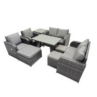 BALKONSET mit ESSTISCH SOFA Polyrattan Dunkelgrau 9-Sitzer - Dunkelgrau/Grau, Glas/Kunststoff - Fimous