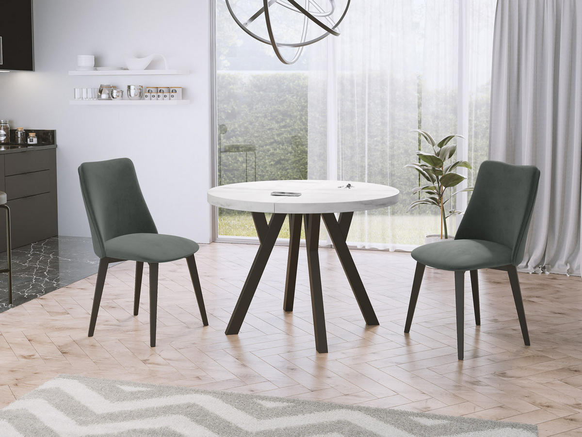 ESSTISCH Twixy runder ausziehbarer, Marmor Weiß 100-200/100/76 cm - Ecru/Schwarz, Holz/Holzwerkstoff (100/100/76cm) - WFL GROUP