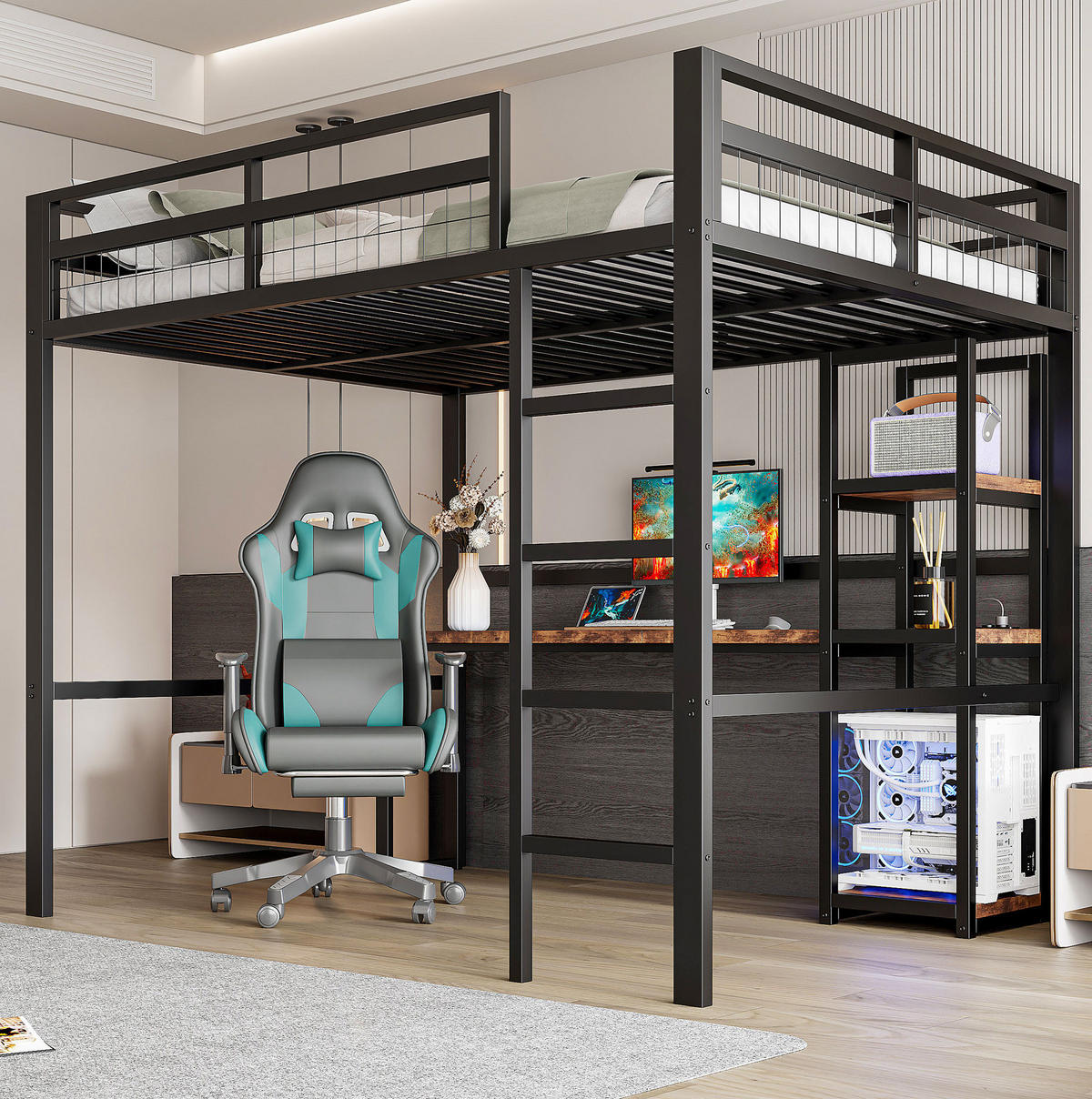 HOCHBETT 140/200 cm Schwarz aus Metall mit Schreibtisch und Regalen - Schwarz, Metall (140/200cm) - OKMYHOME