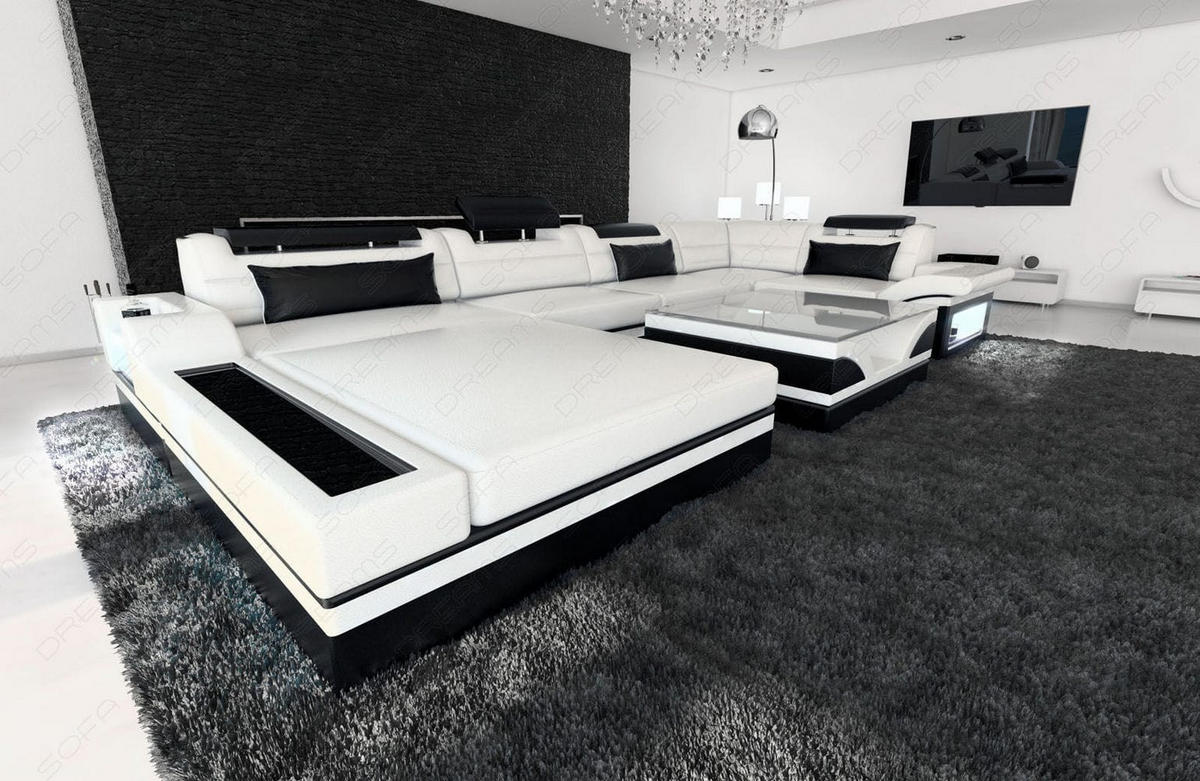 SOFA Mezzo U Weiß Schwarz Büffelleder - Weiß, Leder (372/78/214cm)