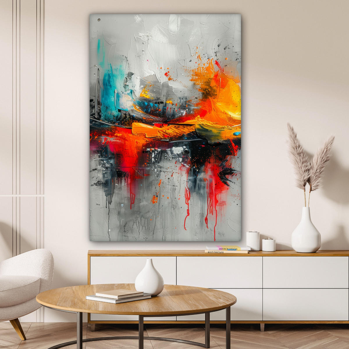 LEINWANDBILD Moderne Kunst - Orange - Grau - Abstrakt 90x140 cm - Hellgrau, Textil (90/140cm) - MuchoWow