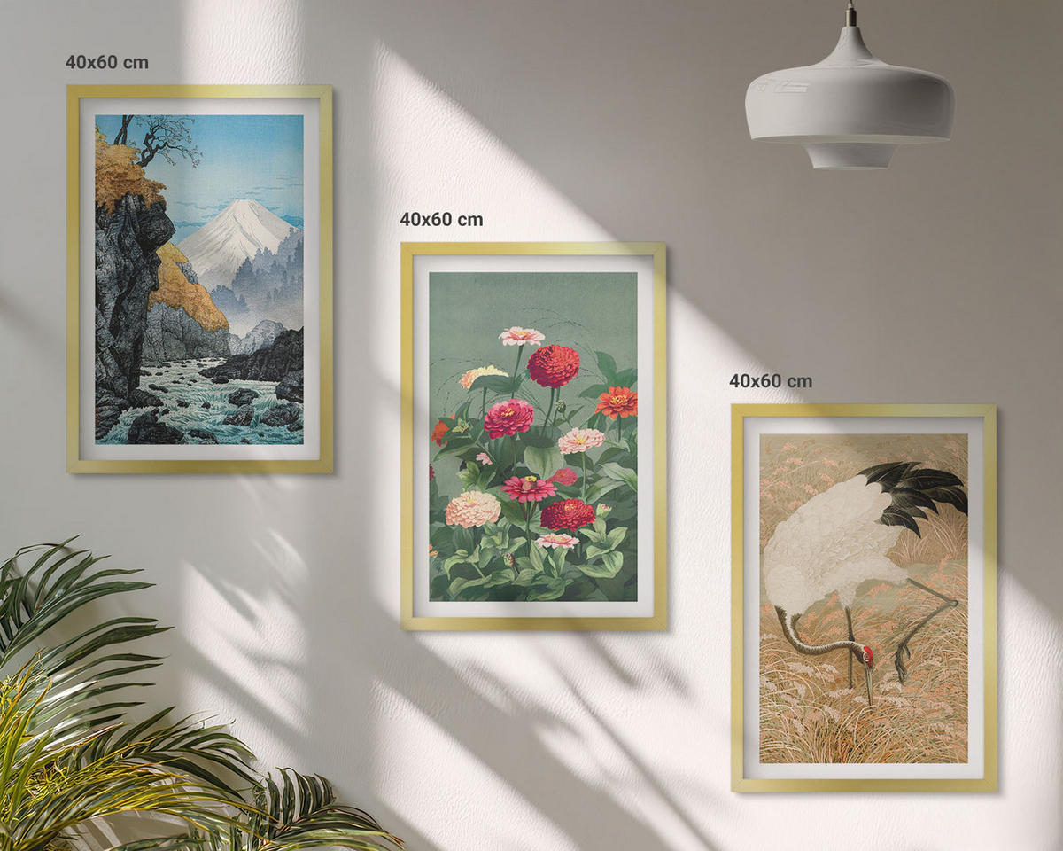 WANDBILDER 3er Set - 40x60 cm Goldrahmen - Berglandschaft, Fluss, Blumen, Kraniche - Goldfarben, Kunststoff (40/60cm) - ArtPrintCave