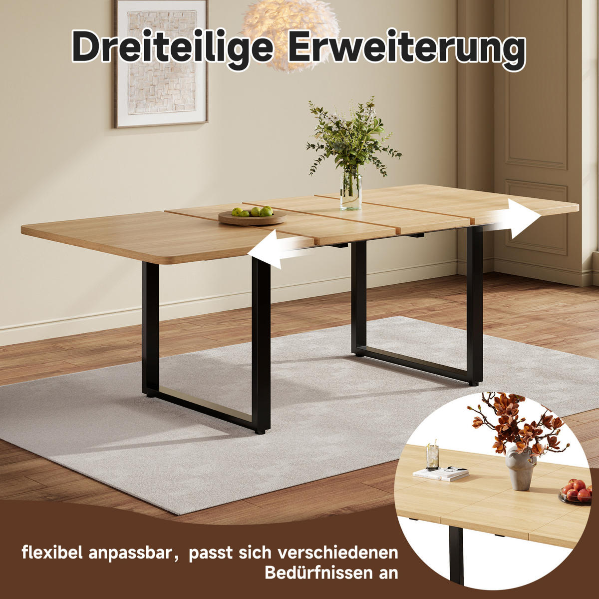 JEDÁLENSKÝ stôl 140–220/80/75 cm rozkladací pre 6–10 osôb, MDF a kovové nohy, dubová - farba duba, kompozitné drevo (220/80/75cm) - Redom