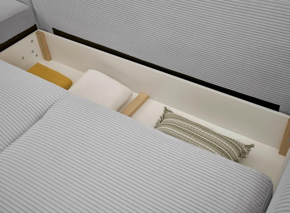ECKSOFA beidseitig montierbar, Schlaffunktion mit Bettkasten und Nosagfederung in Breitcord - Schwarz/Hellblau, Textil (318/197cm) - ed exciting design