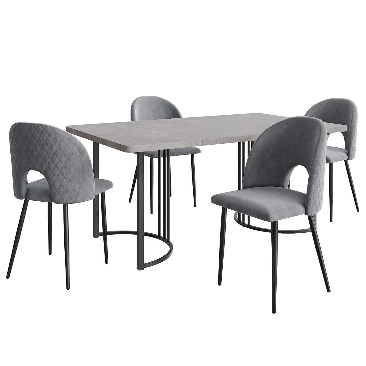 ESSGRUPPE 5-teilig mit grauem Marmor-Optik-Tisch 140x80 und vier grauen Samtstühlen als Küchentischset, grau-schwarz - Schwarz, Textil (80/75/140cm) - Luhomfu