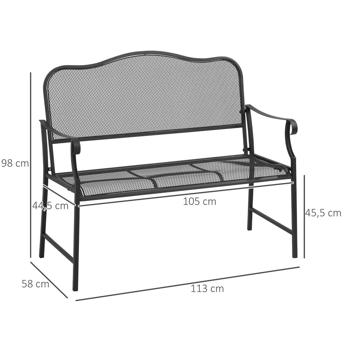 PARKBANK, 2-Sitzer, bis 220 kg belastbar, 113 x 58 x 98 cm, Metall, Schwarz - Schwarz, Metall (113/98/58cm) - Outsunny