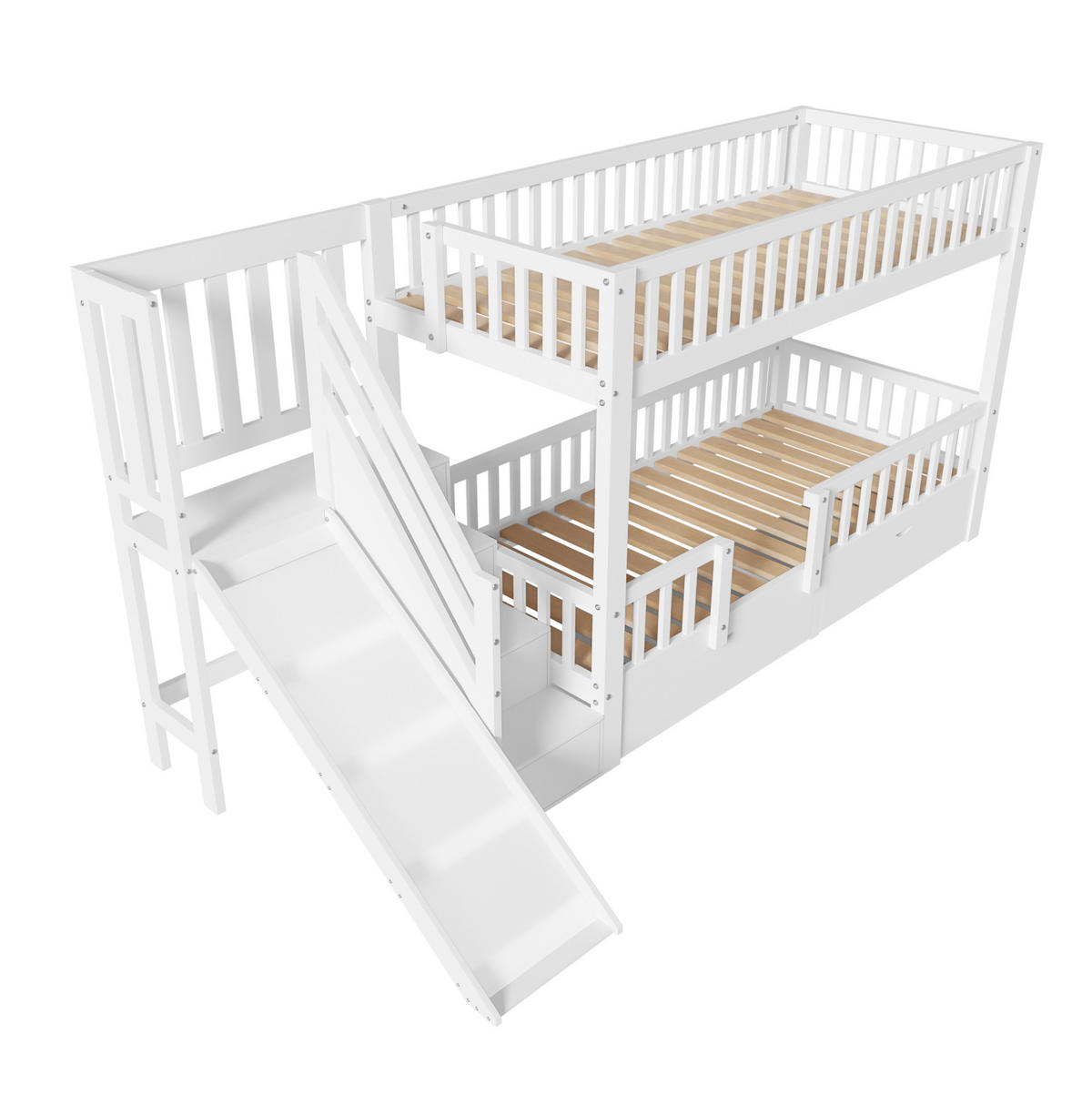 ETAGENBETT 90/200 cm Weiß aus Massivholz mit Rutsche, Treppe und 2 Schubladen - Weiß, Holz (90/200cm) - Flora Grace
